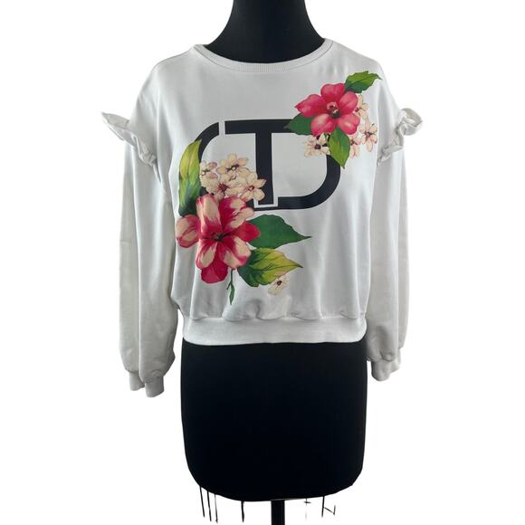 Twinset White Sweatshirt Floral Crew Neck Ruffle Drop Shoulder Pullover Size 14 - Picture 1 of 9